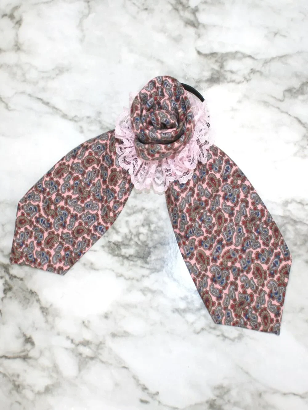 HAND CRAFTED Hair Scrunchy Bow Pink Paisley Floral Upcycled Men's Silk Necktie